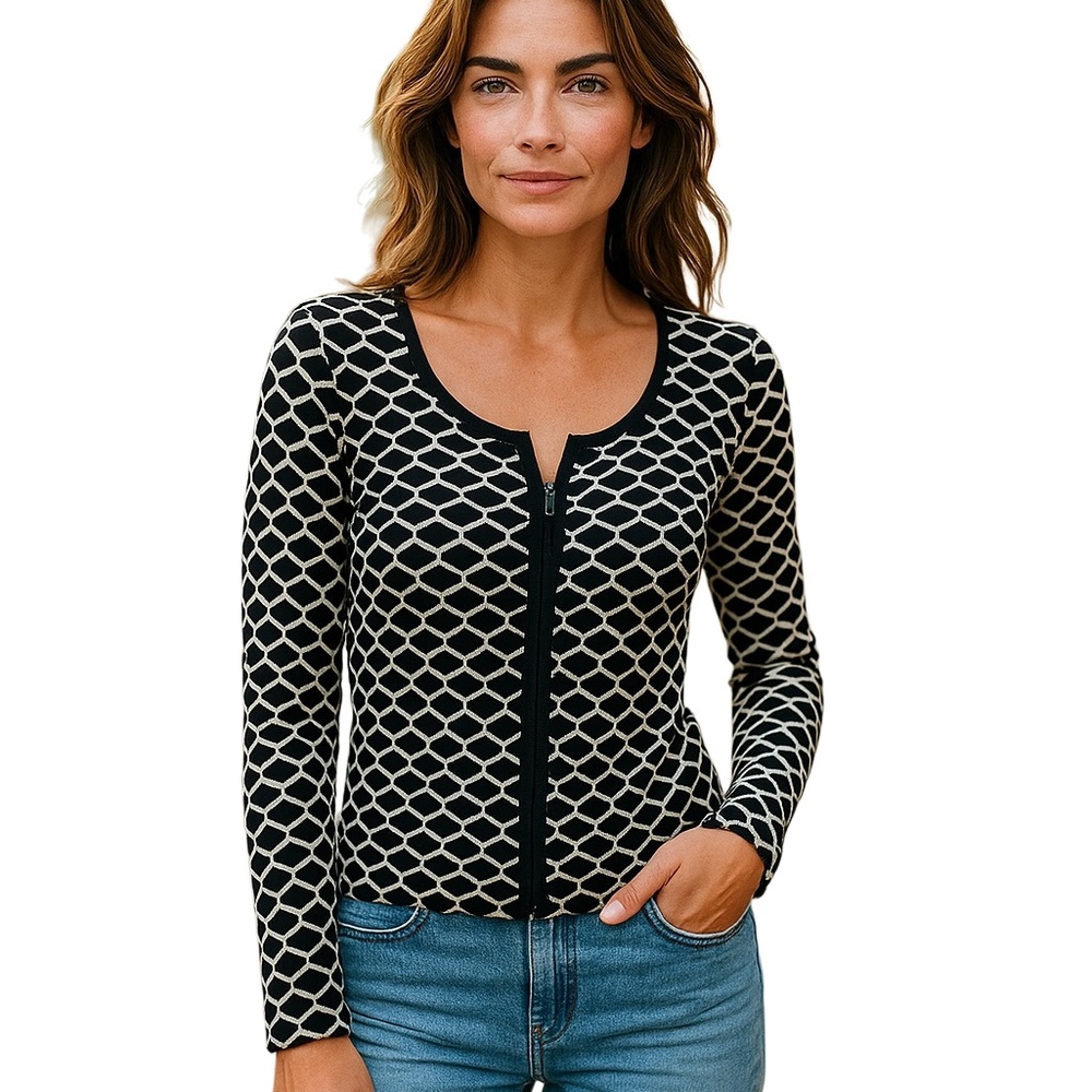 Joseph  RIBKOFF Size 6 Designer Black + White Hook Night Out Stretchy Top Office